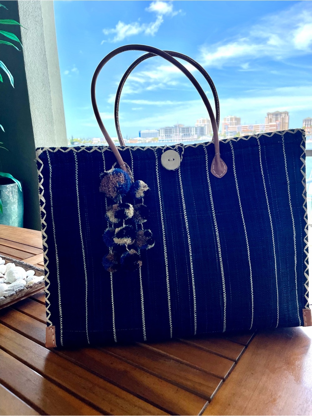 Authentic Artisan Handcrafted Striped Navy Tote Bag with Leather Handles